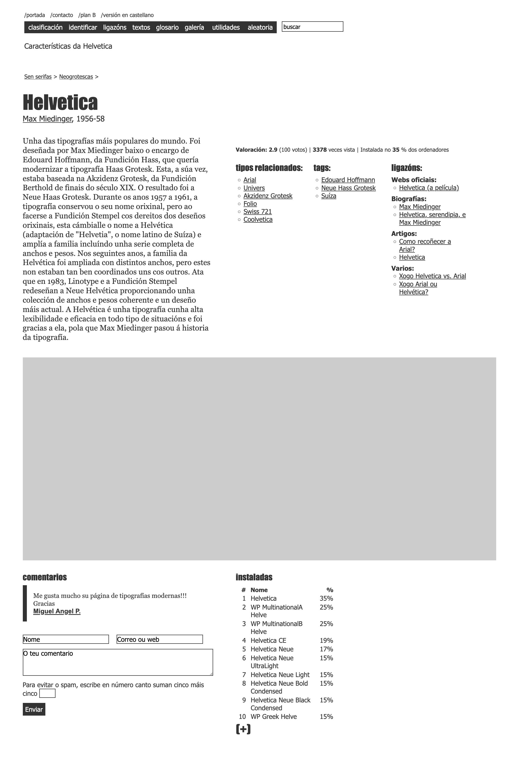 Ficha da tipografía Helvética